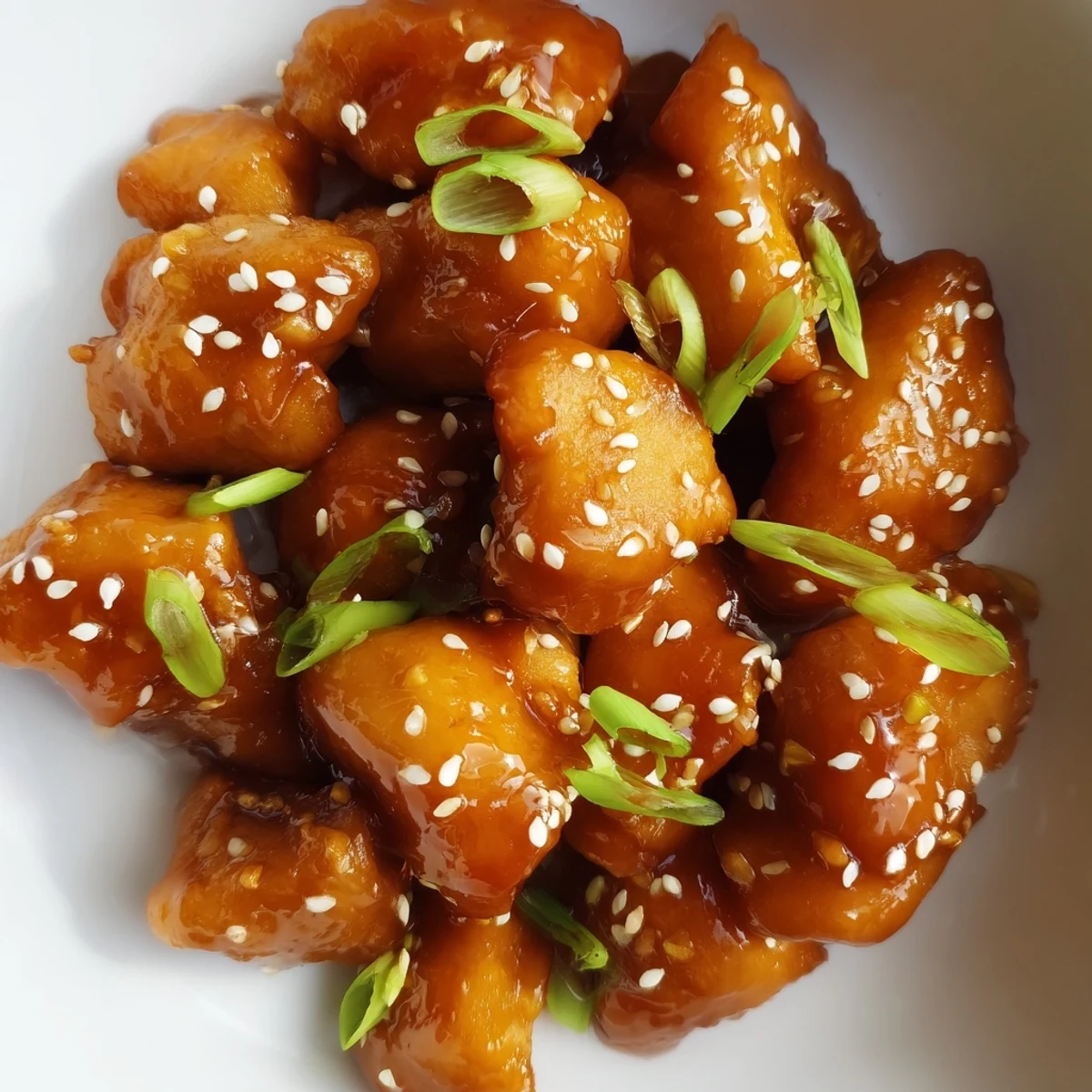 Golden brown honey chicken pieces glistening with sticky sweet glaze and sesame seeds