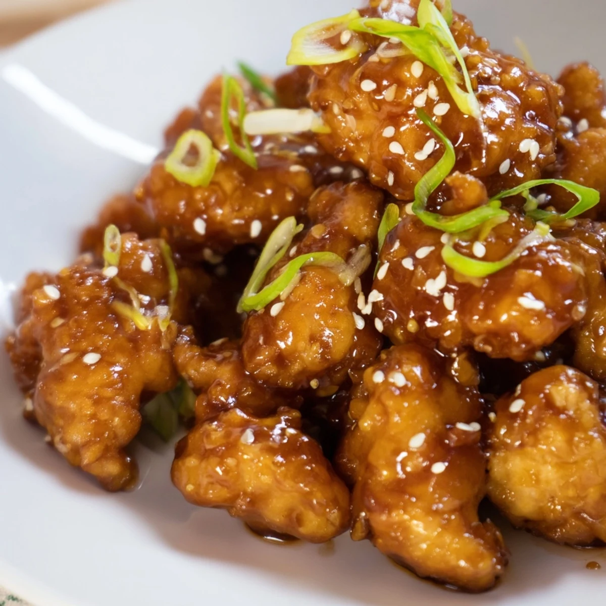 Asian-inspired honey chicken drizzled with thick sweet honey glaze and green onions