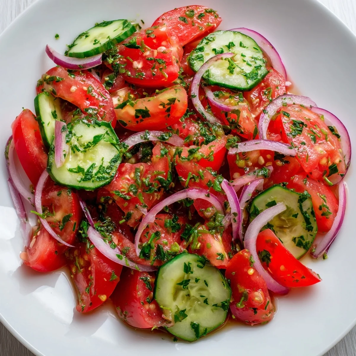 Fresh tomato, cucumber, and onion salad glistening with light vinaigrette dressing in a white bowl