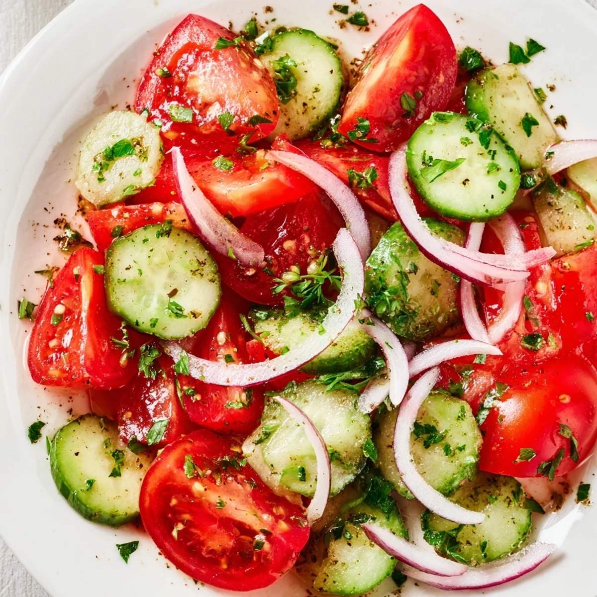 Colorful crisp tomato, cucumber, and onion salad topped with parsley on a rustic wooden table