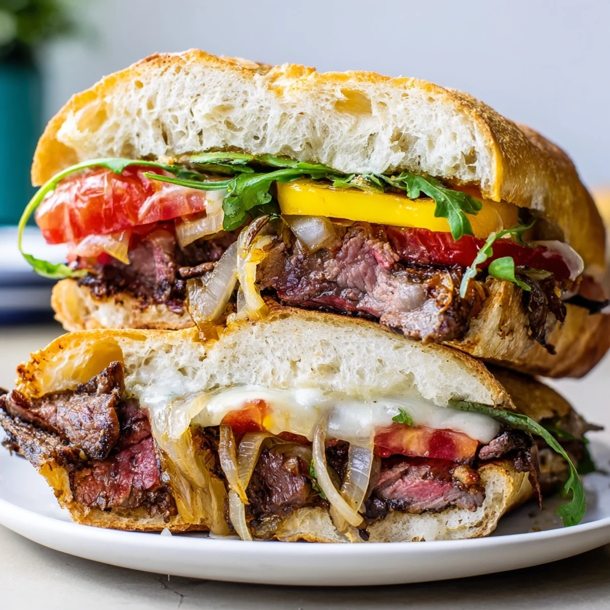 Juicy sliced ribeye steak sandwich with melted provolone and caramelized onions on crusty toasted roll