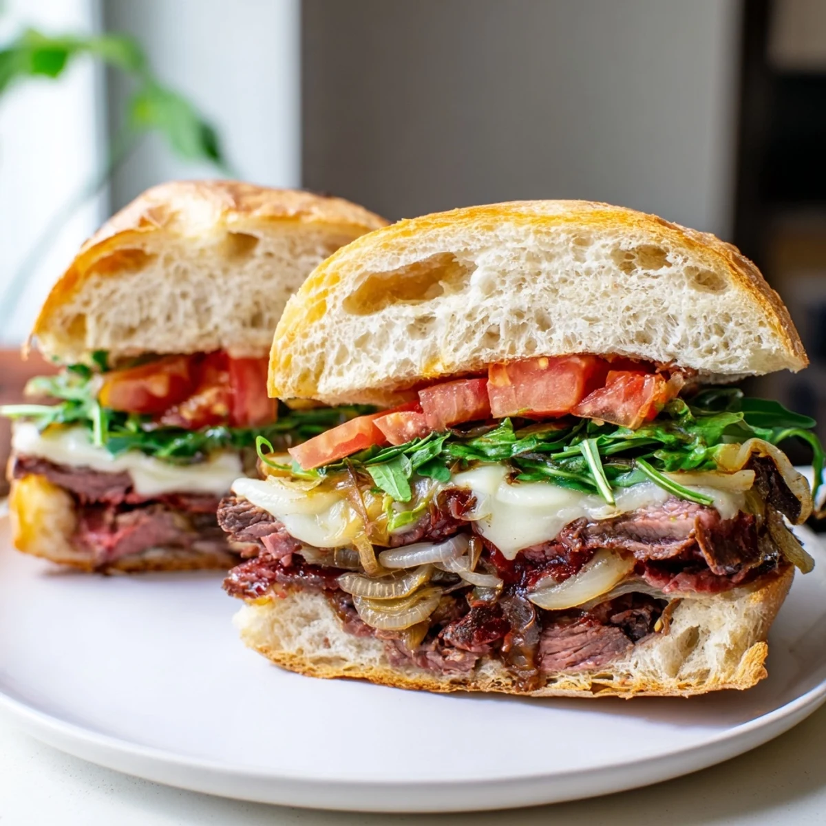 Hearty steak sandwich layered with arugula tomato and tender beef on golden baguette