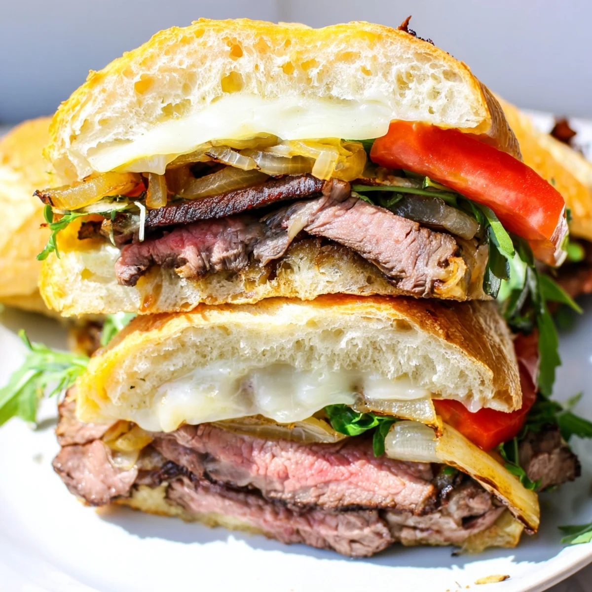 American-style steak sandwich overflowing with seasoned beef peppers and cheese on buttered sandwich bun