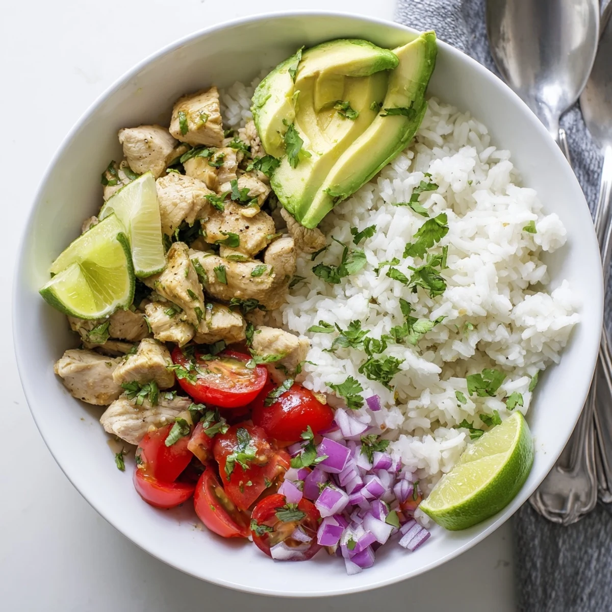 Golden honey lime chicken slices atop fluffy white rice with creamy diced avocado and fresh cilantro garnish