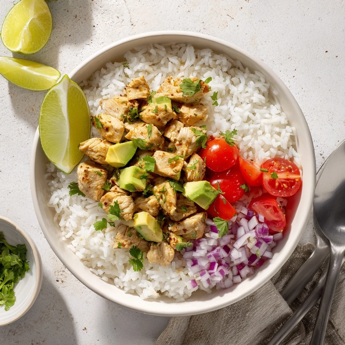 Vibrant rice bowl featuring tender honey lime marinated chicken breast with ripe avocado and cherry tomatoes