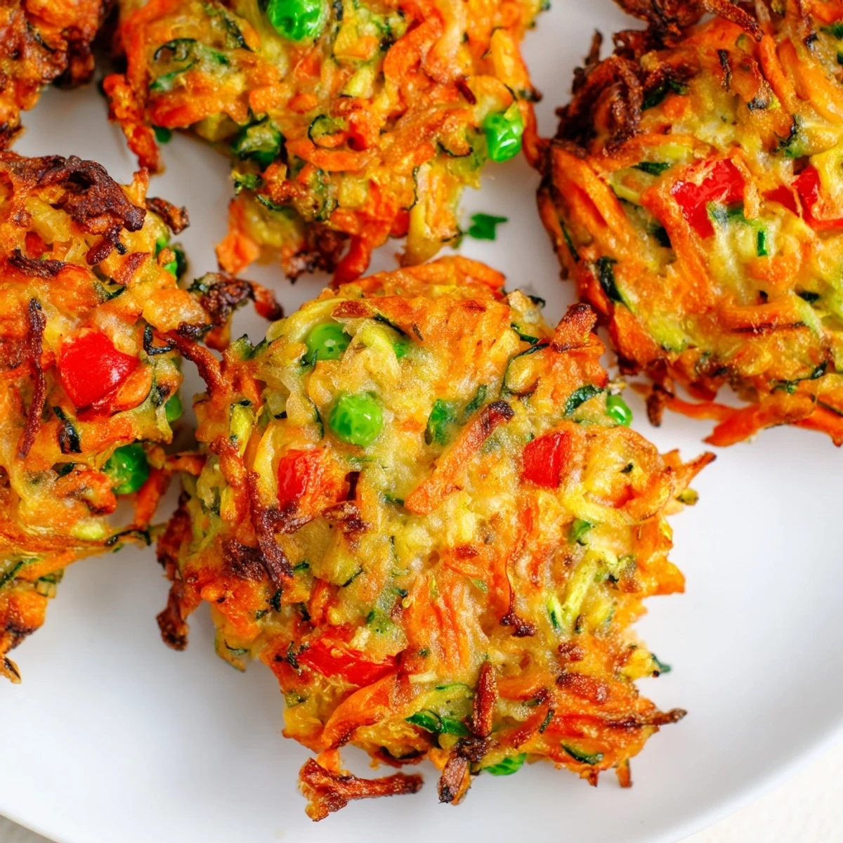 Golden brown crispy vegetable fritters served on a white plate with fresh parsley garnish