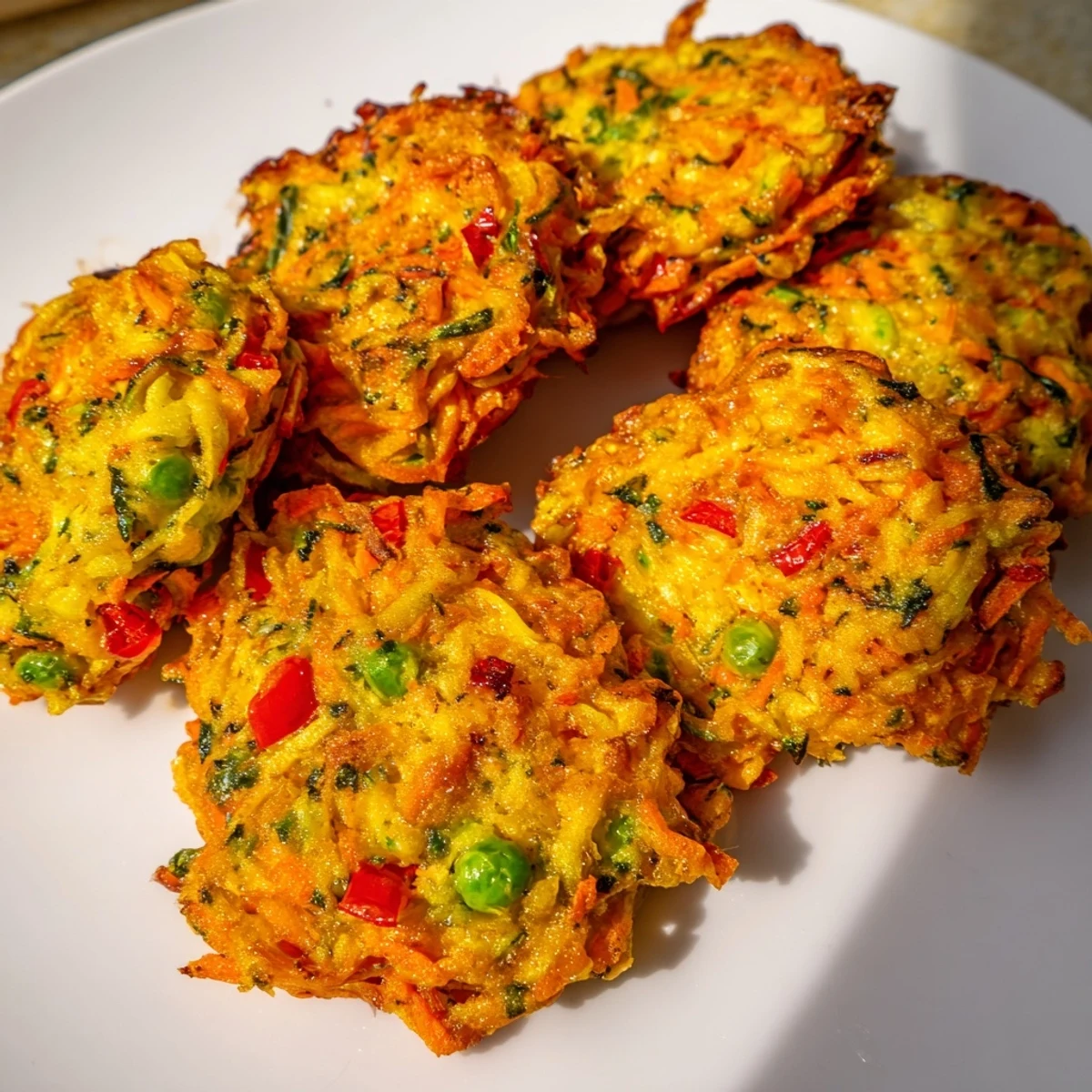 Heap of savory crispy vegetable fritters stacked high with visible grated carrot and zucchini pieces