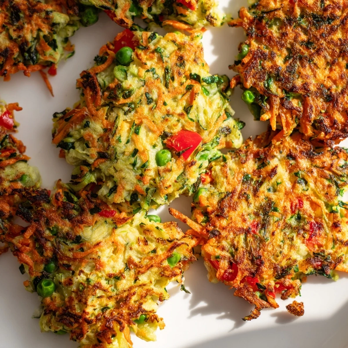 Pan-fried crispy vegetable fritters showing golden textured edges alongside small bowl of tangy dipping sauce