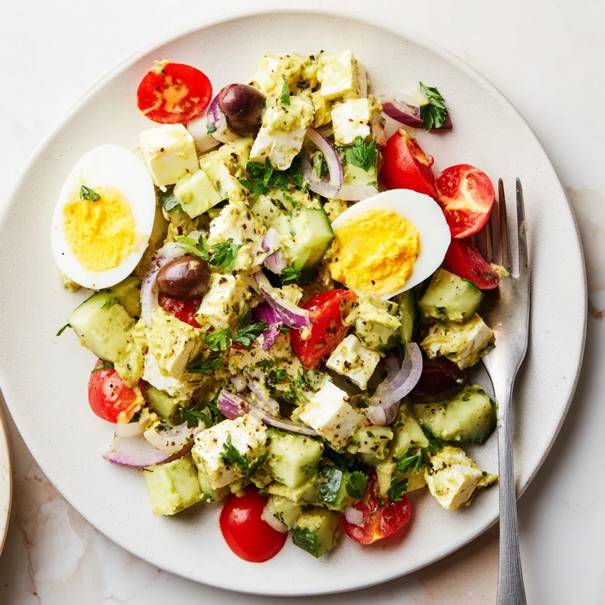 Light zesty avocado egg salad bowl with cherry tomatoes, cucumber, and Kalamata olives dressed in lemon olive oil