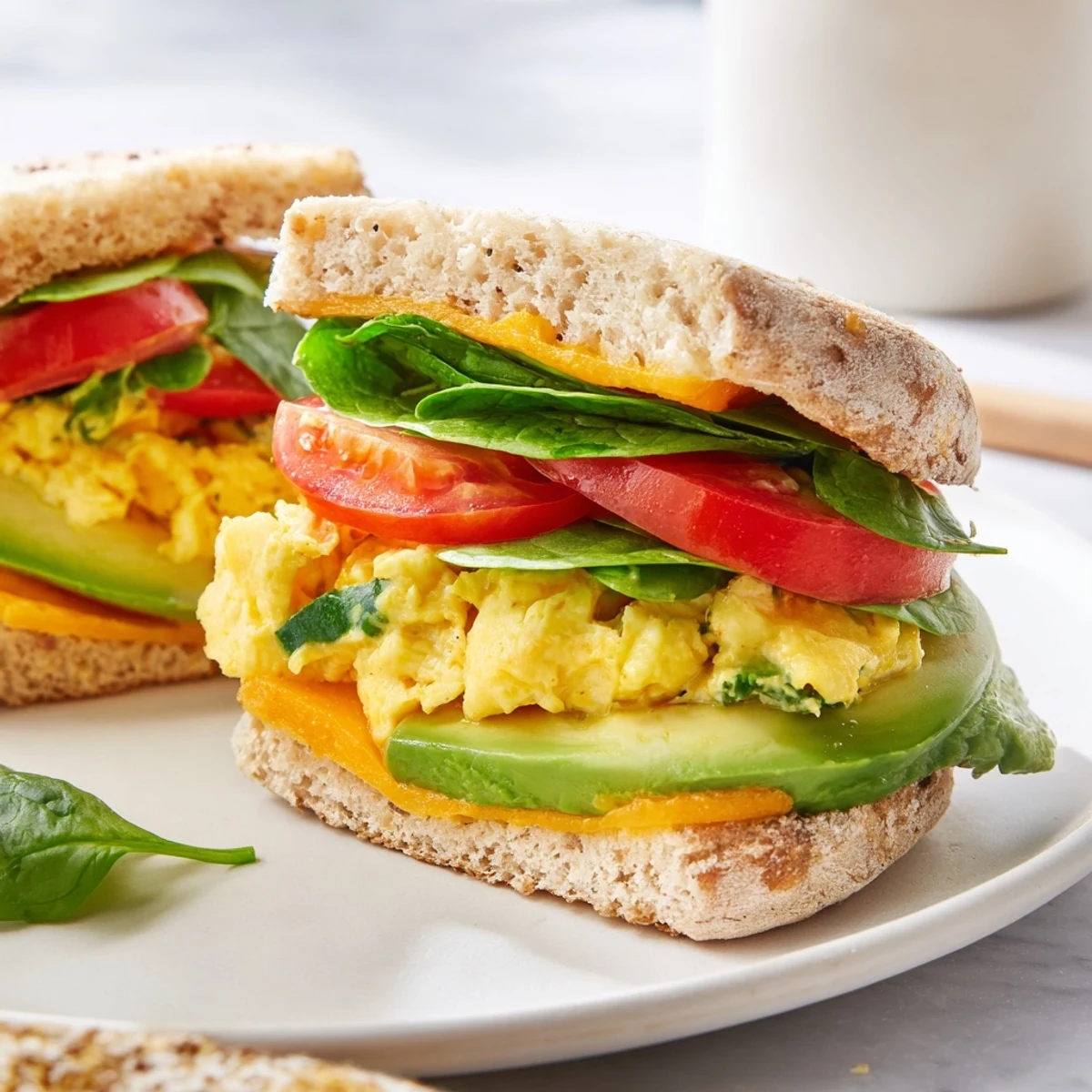 Golden toasted whole grain English muffin stacked with fluffy scrambled eggs, melted cheddar, fresh avocado slices and juicy tomato in this healthy breakfast sandwich