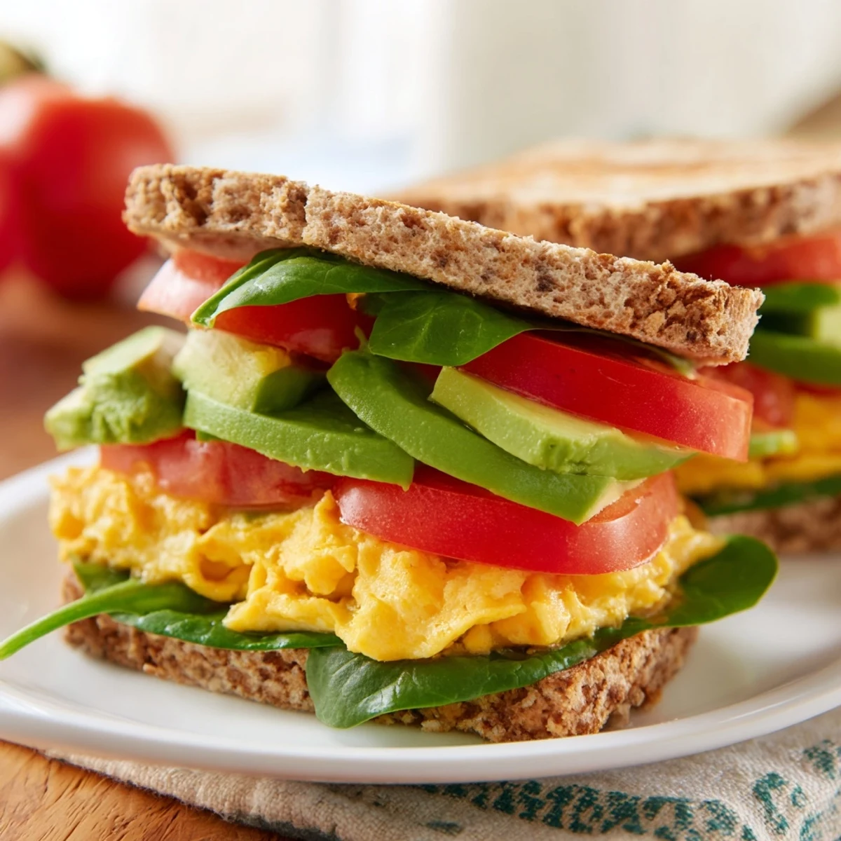 Layered healthy breakfast sandwich featuring crisp baby spinach, creamy avocado, protein-packed eggs and reduced-fat cheese on a toasted whole grain English muffin