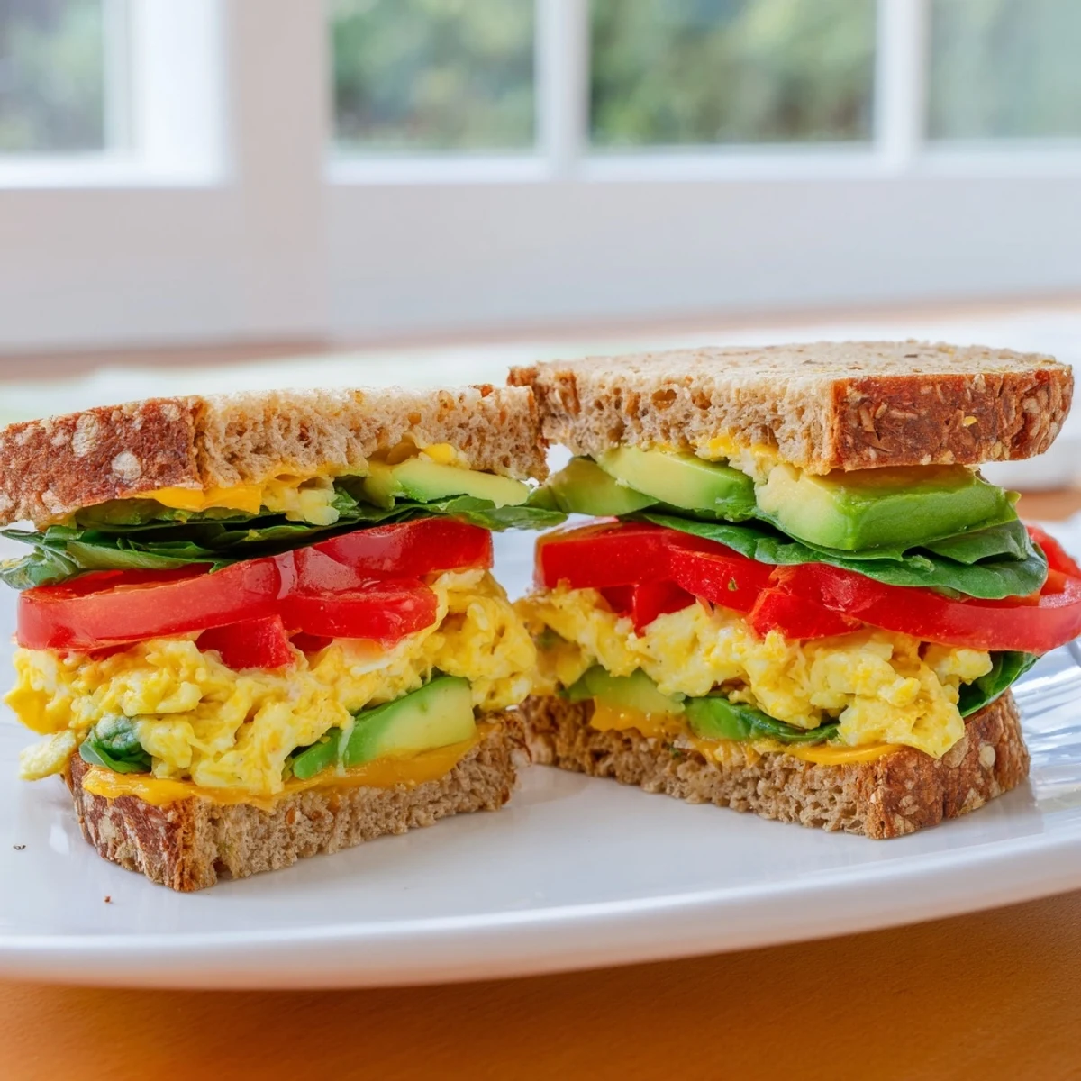 Warm handheld healthy breakfast sandwich with scrambled eggs, ripe tomato, savory cheese and buttery avocado nestled between split toasted English muffin halves