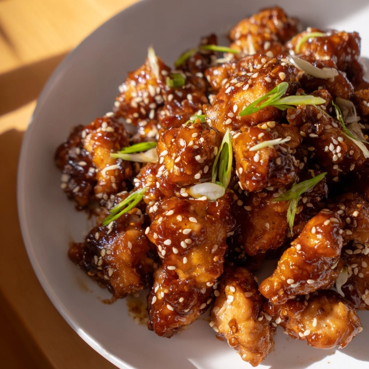 Tender Japanese-style chicken thighs coated in glossy teriyaki glaze sprinkled with sesame seeds and sliced scallions over a bed of rice