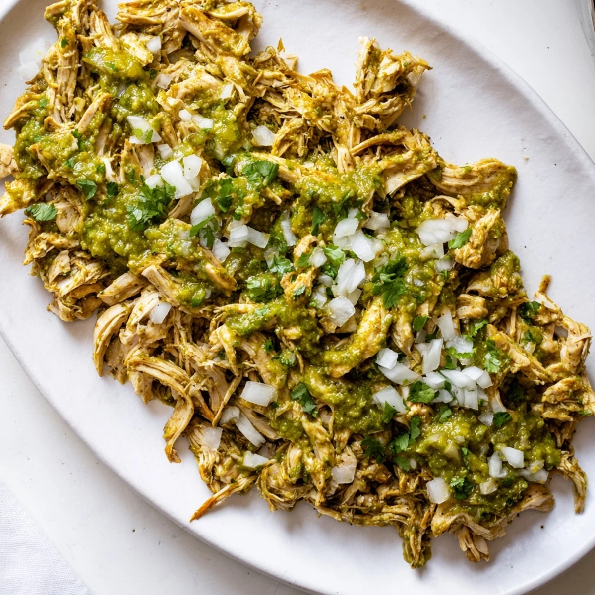 Tender shredded chicken pieces simmered in vibrant green salsa verde sauce in a skillet