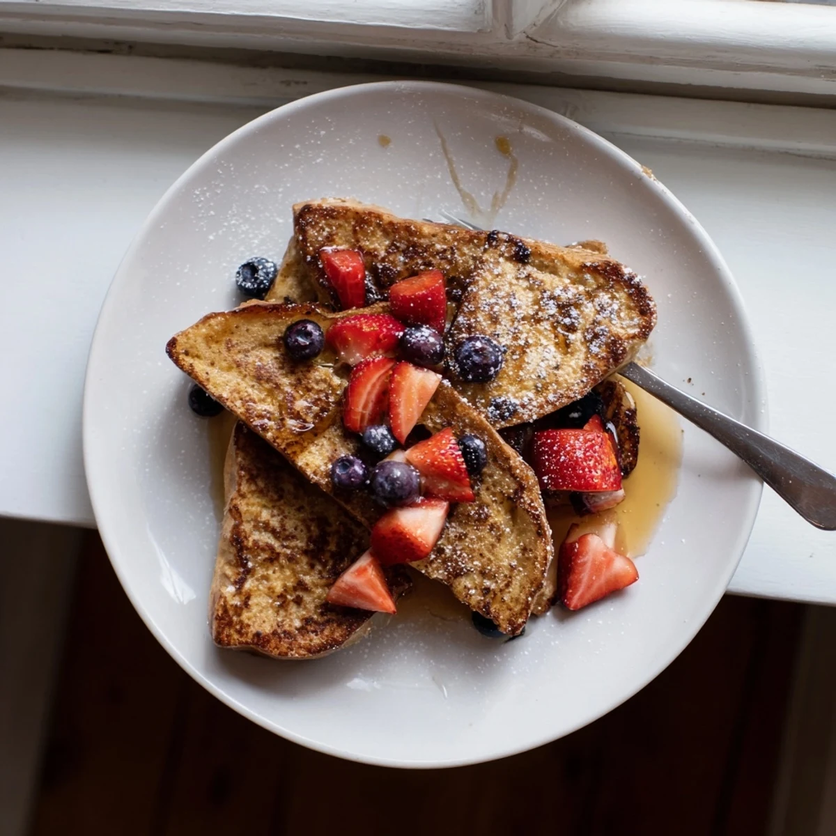 Plant-based vegan French toast with cinnamon vanilla batter stacked on a white plate