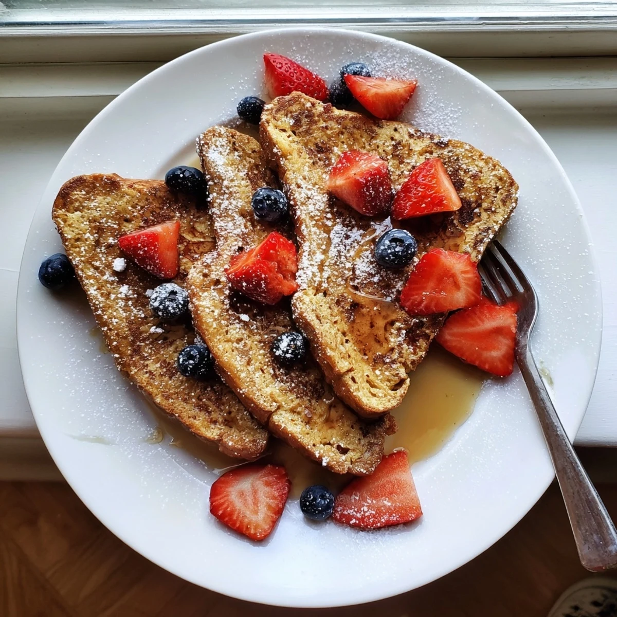 Golden vegan French toast slices dusted with powdered sugar and fresh berry topping