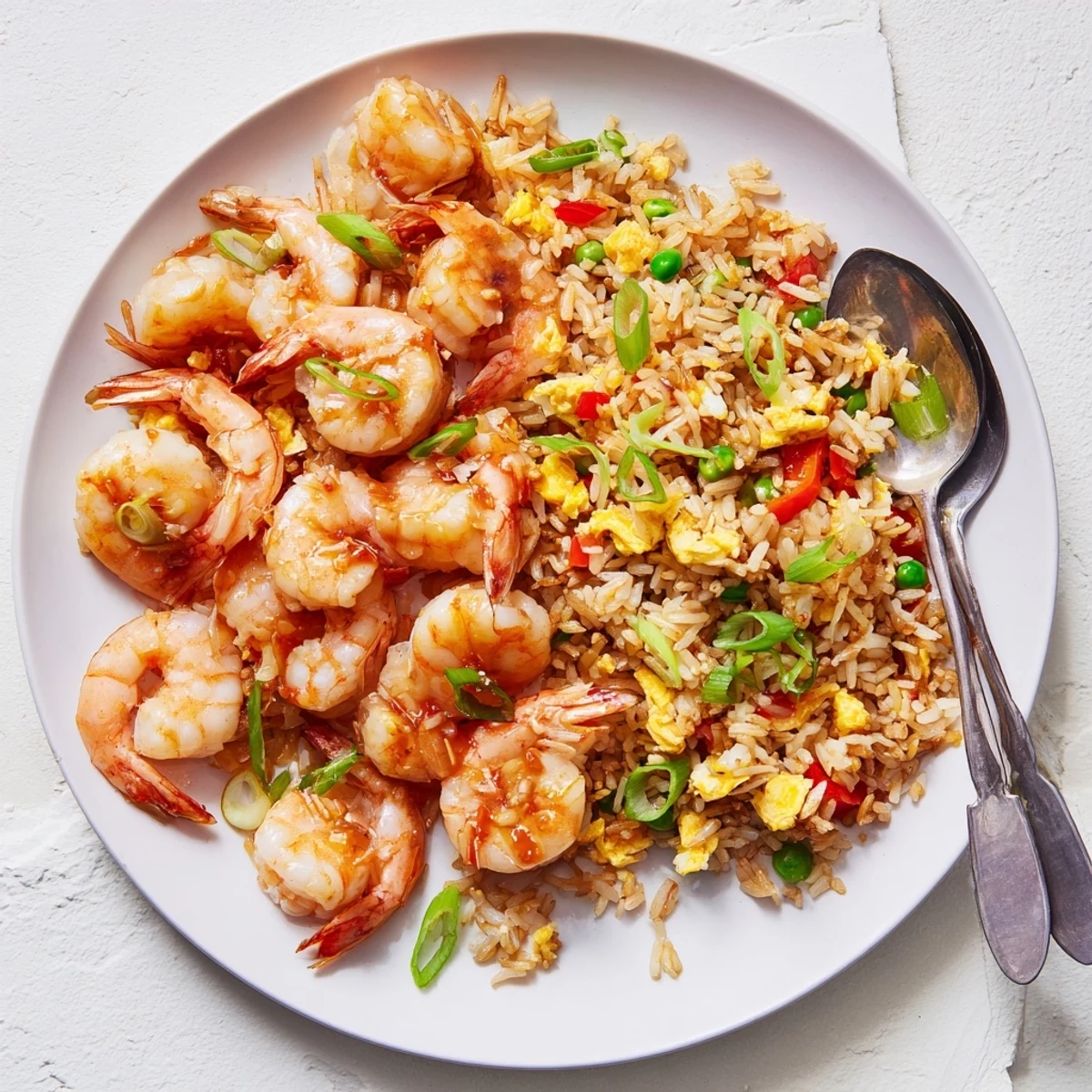 Golden garlic prawns atop colorful sweet chilli fried rice with vegetables and eggs