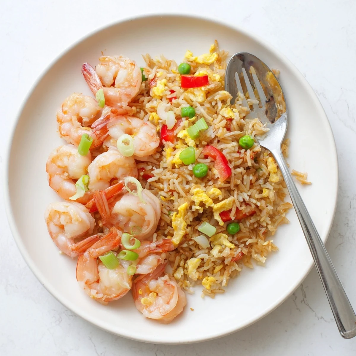Vibrant plate of garlic prawns and sweet chilli fried rice featuring peppers peas and spring onions
