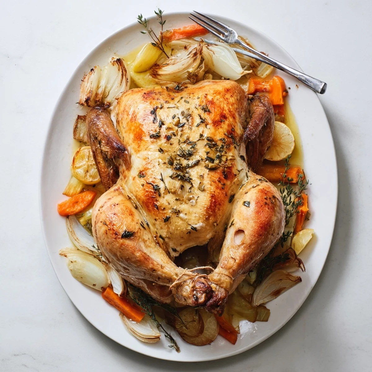 Golden roasted chicken with crispy skin, garnished with fresh herbs and lemon slices