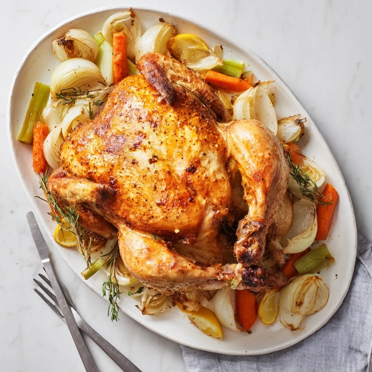 Whole roast garlic lemon chicken resting on a bed of roasted vegetables