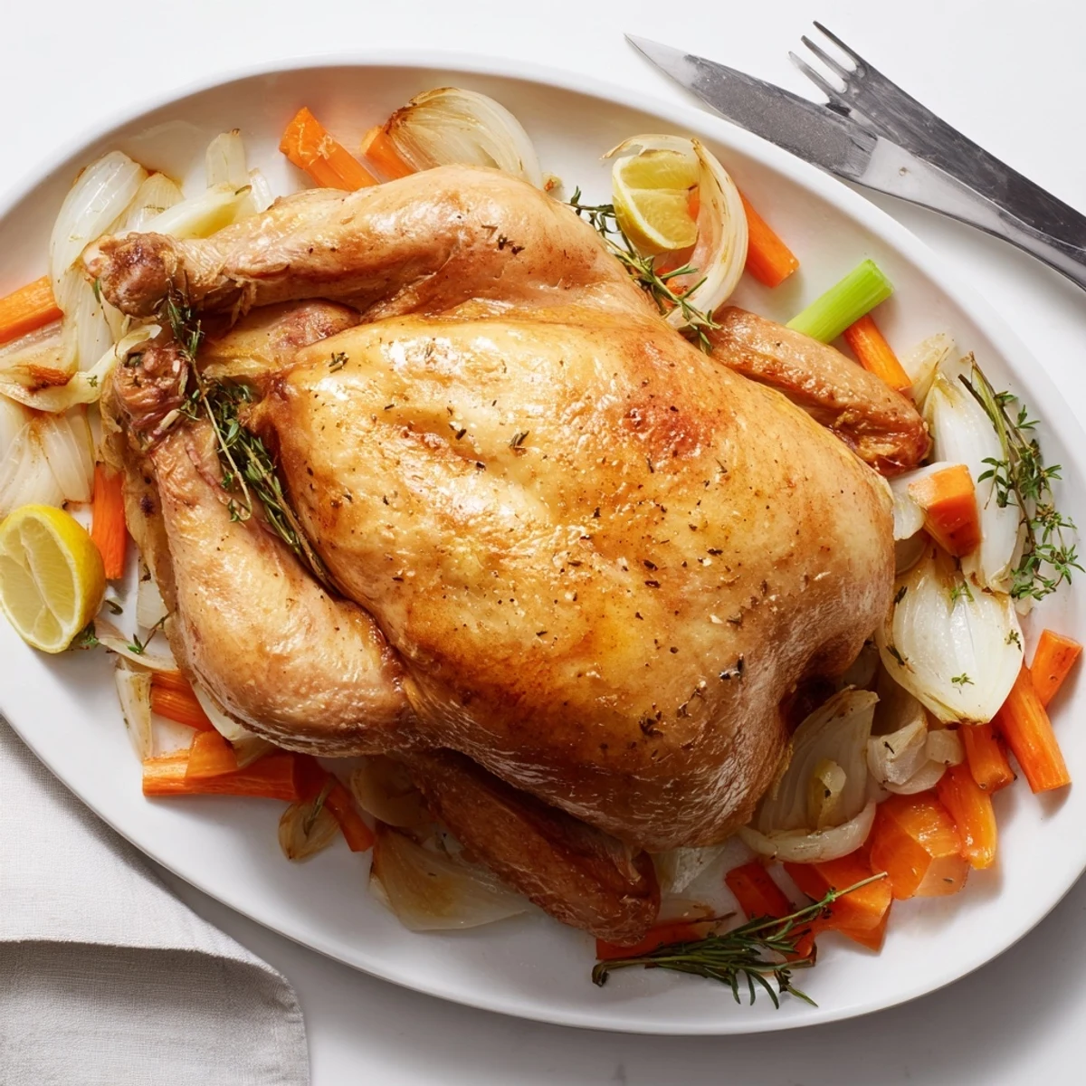 Juicy Mediterranean roasted chicken with golden skin served with caramelized root vegetables