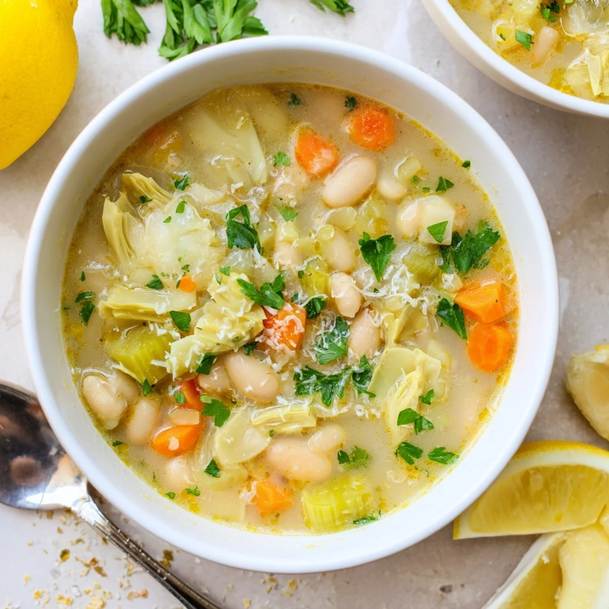 Creamy Lemony Tuscan Artichoke Soup garnished with fresh parsley and lemon wedges