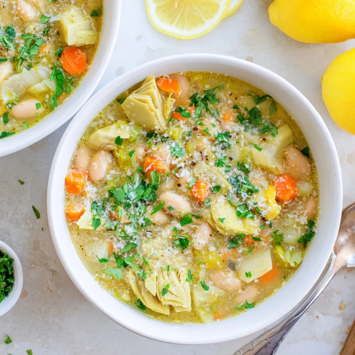 Hearty bowl of Lemony Tuscan Artichoke Soup with tender beans and chunky vegetables