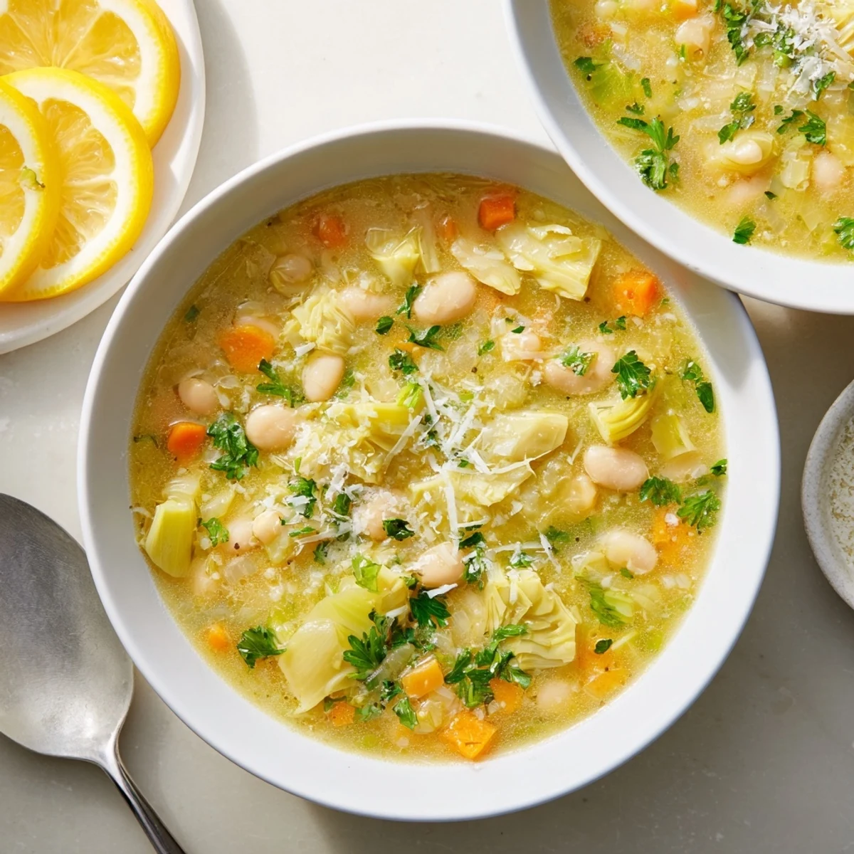 Golden vegetarian Lemony Tuscan Artichoke Soup served with crusty bread and parmesan