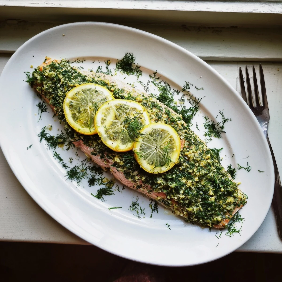 Golden baked salmon fillet topped with fresh dill and bright lemon slices on a white plate