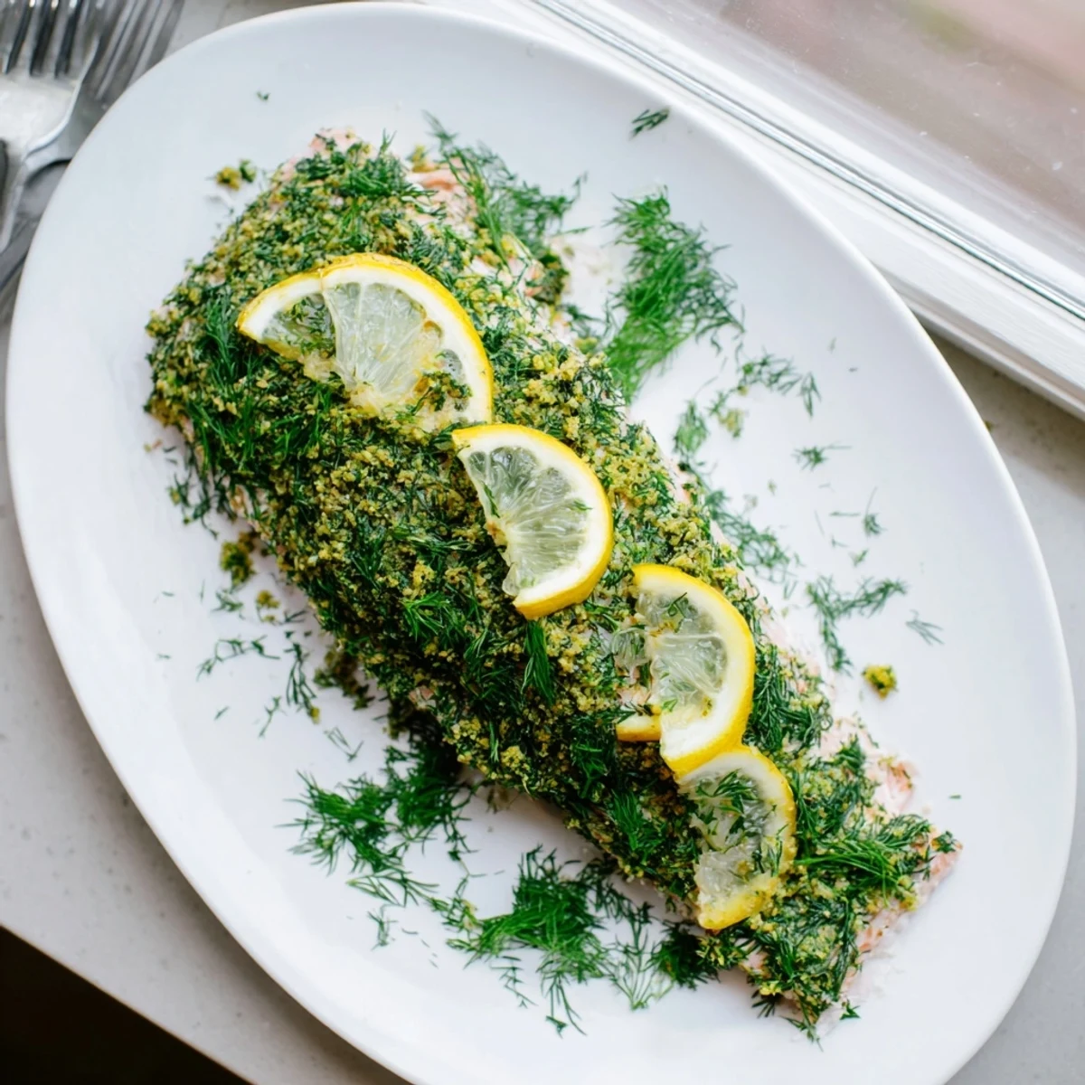 Flaky dill and lemon baked salmon served with zesty garnish on a rustic wooden board