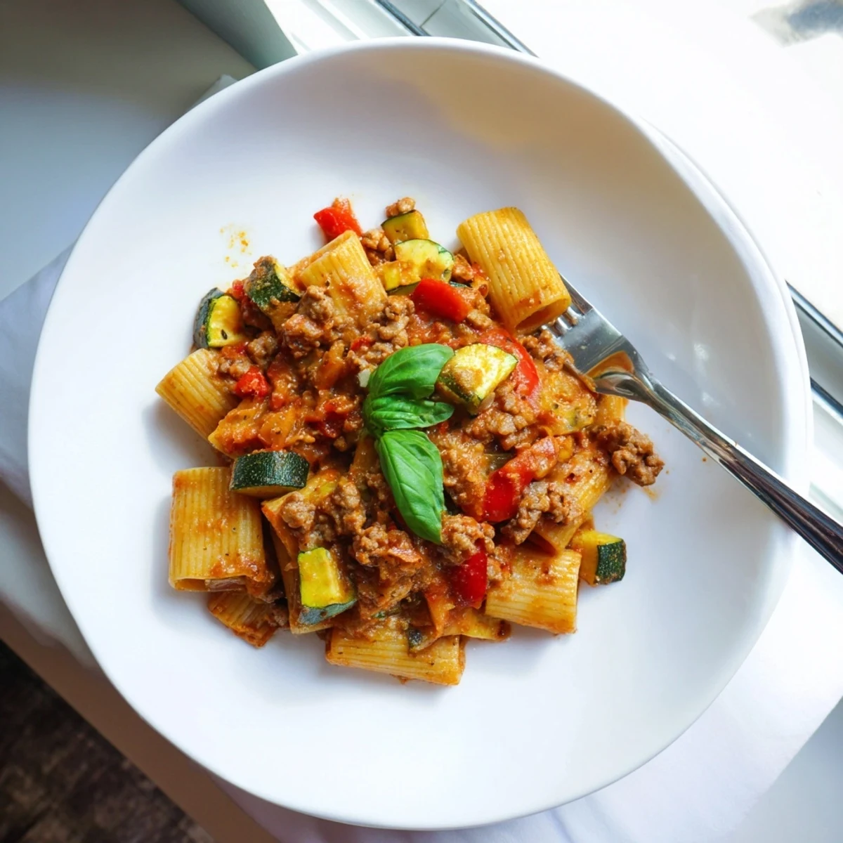 Creamy one pot sausage pasta tossed with tender penne in rich tomato sauce with melted Parmesan