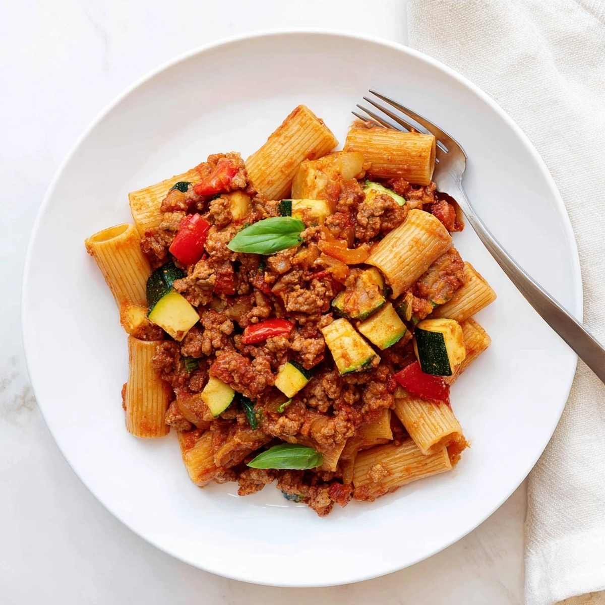 Hearty one pot sausage pasta featuring crumbled Italian sausage, colorful vegetables, and al dente rigatoni noodles