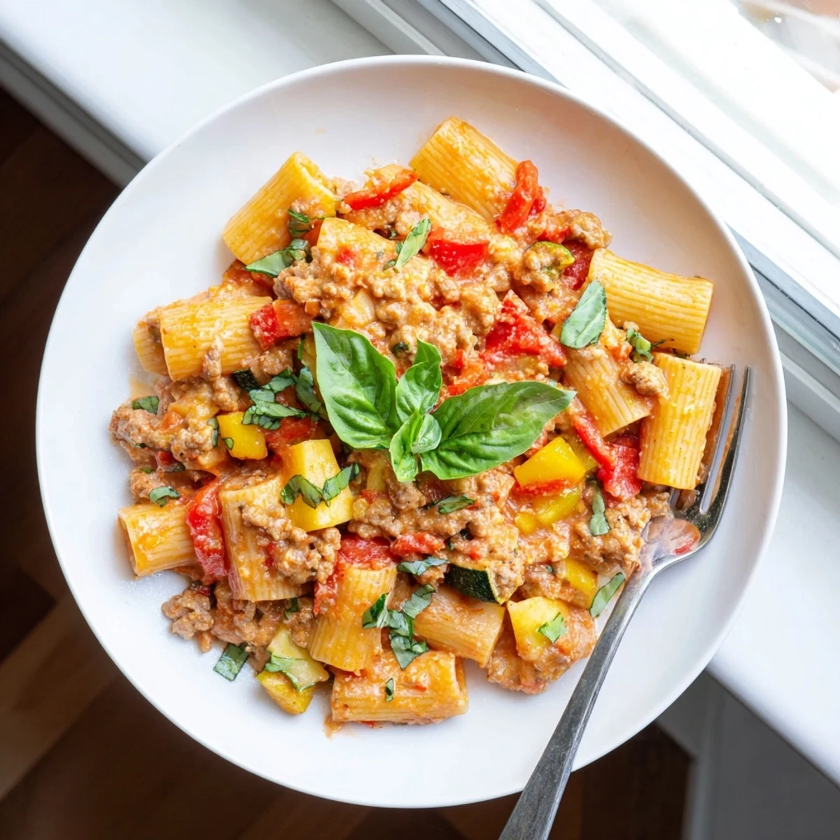 Comforting one pot sausage pasta garnished with fresh basil and served in a deep skillet with creamy sauce