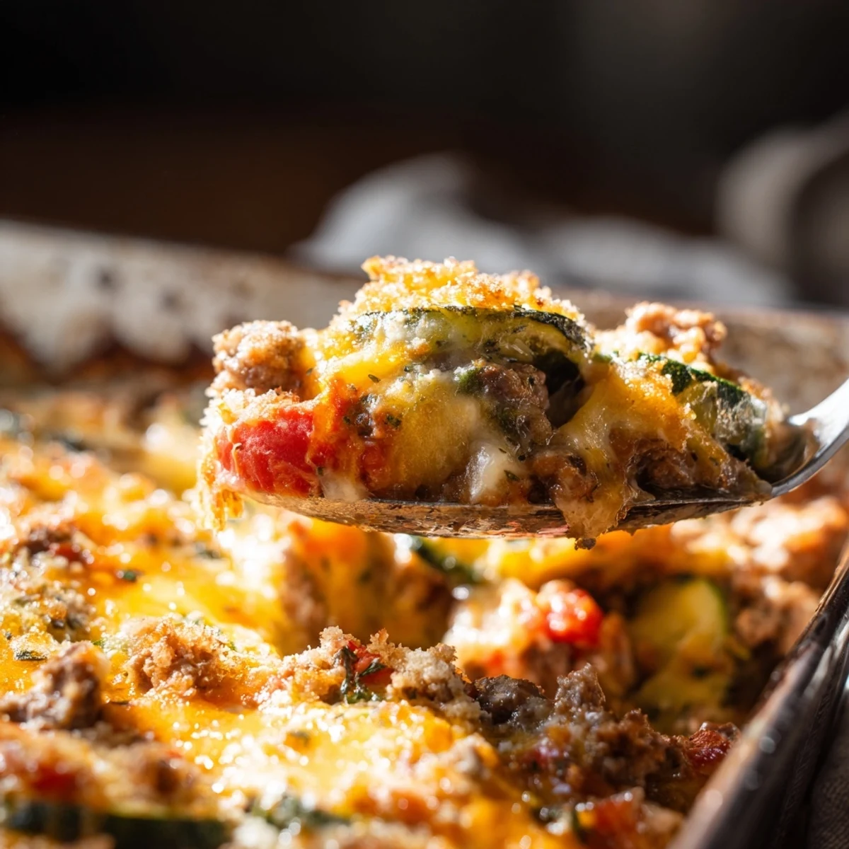 Golden bubbling cheesy beef zucchini casserole fresh from the oven with melted cheddar topping