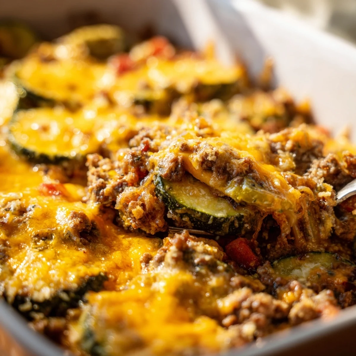 Hearty ground beef and layered zucchini casserole with crispy breadcrumb and Parmesan cheese topping