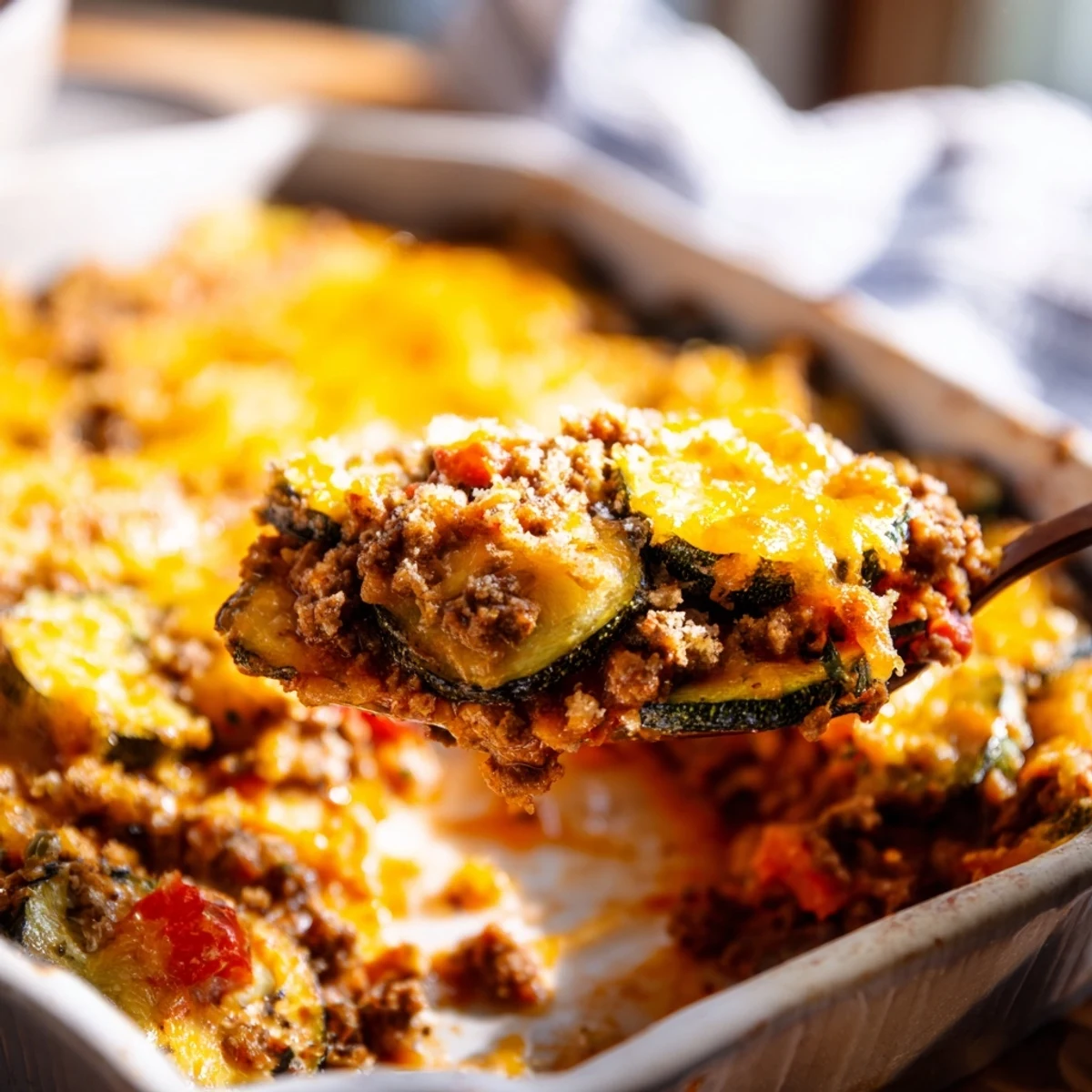 Comforting cheesy beef zucchini casserole served warm with golden bubbly cheese and tender vegetables