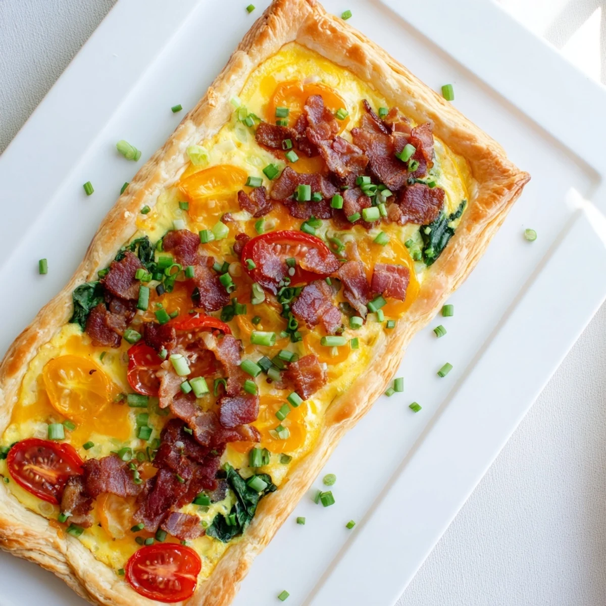 Golden flaky family breakfast tart with eggs, bacon, and colorful vegetables on a rustic wooden board