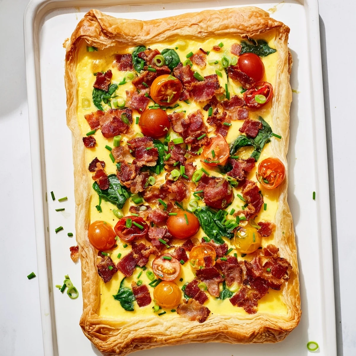 Sliced breakfast tart revealing creamy egg filling, crispy bacon, and fresh tomatoes garnished with green chives