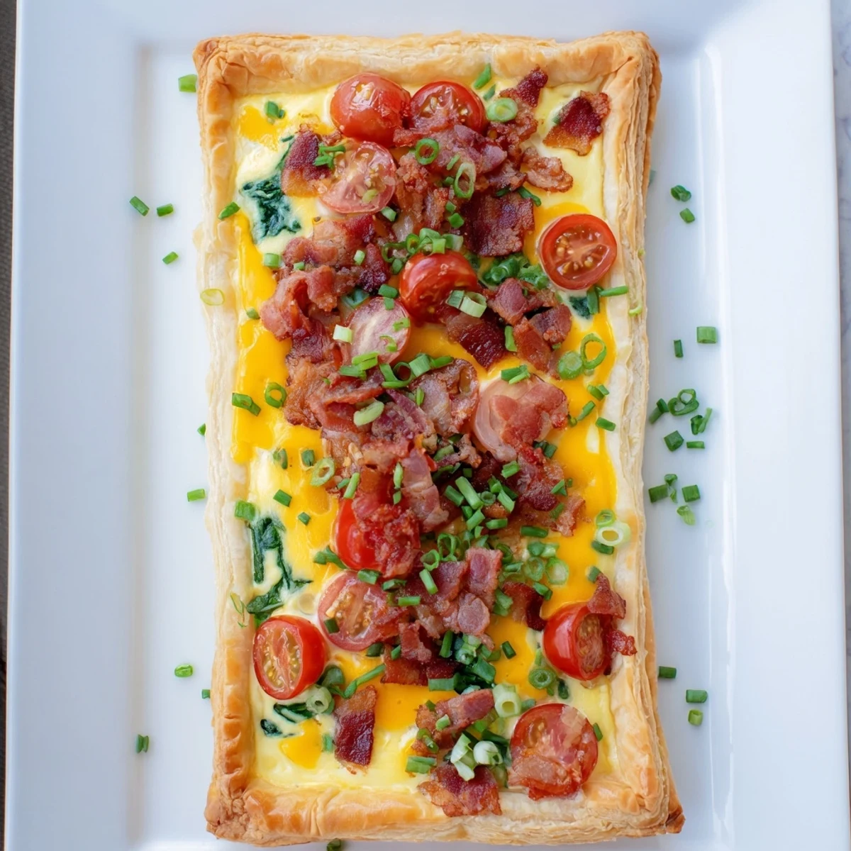 Warm family breakfast tart with golden puff pastry crust loaded with cheddar, bacon, and vibrant veggies