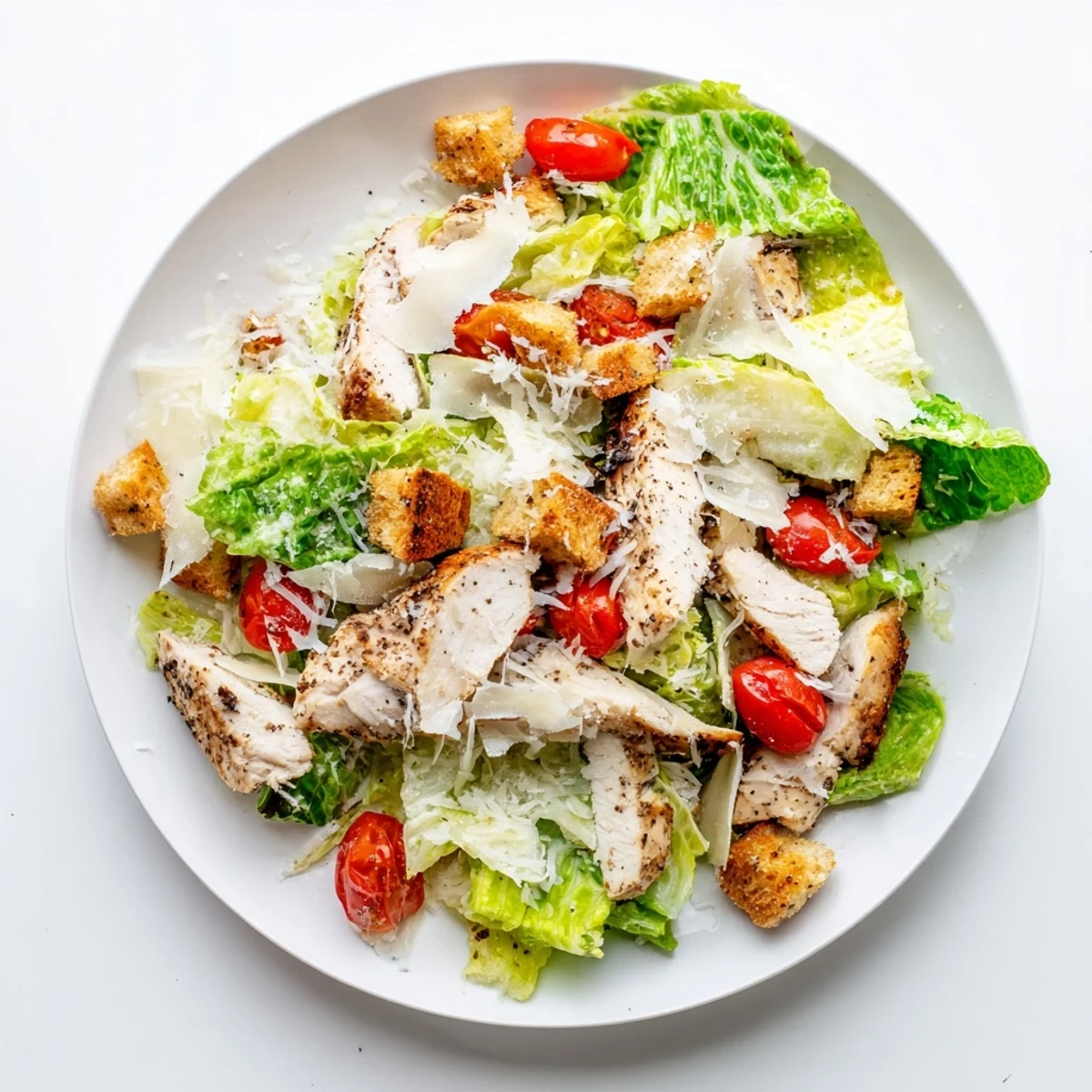 Golden grilled chicken slices atop crisp romaine lettuce with crunchy croutons and shaved Parmesan in this best chicken Caesar salad