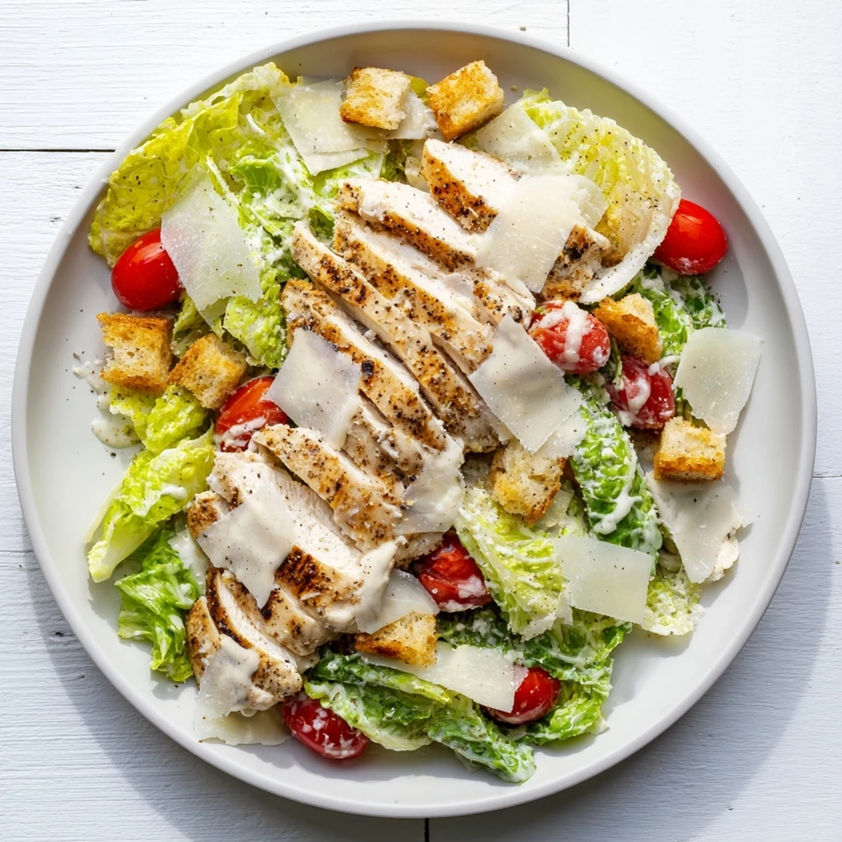 Fresh homemade Caesar dressing coats romaine lettuce and tender grilled chicken breast in this best chicken Caesar salad recipe