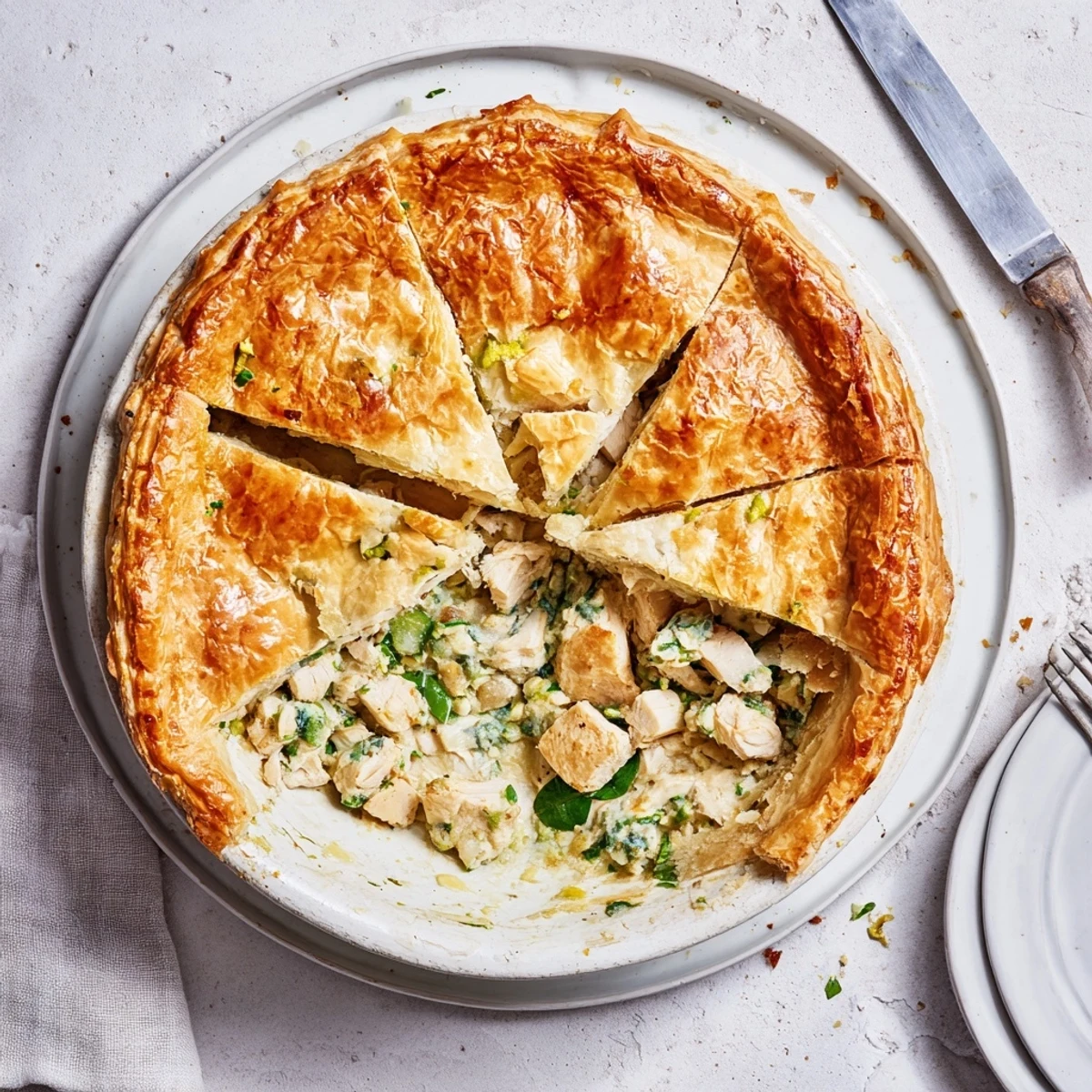 Golden rustic chicken ricotta and herb pie fresh from the oven with flaky pastry