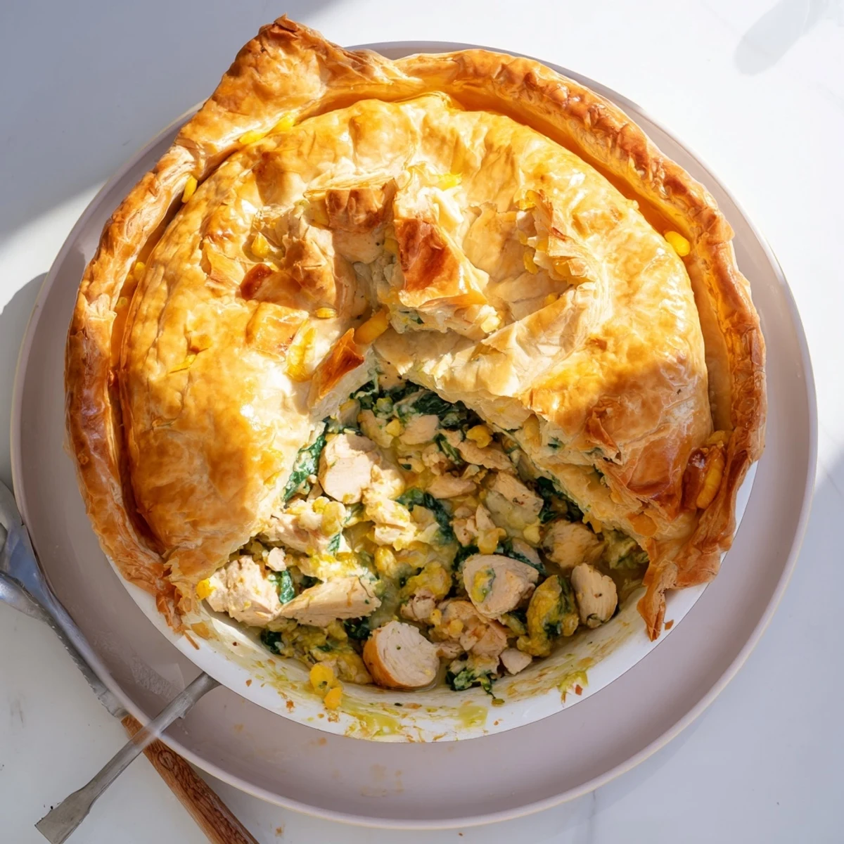 Sliced chicken ricotta and herb pie revealing creamy filling with fresh green herbs