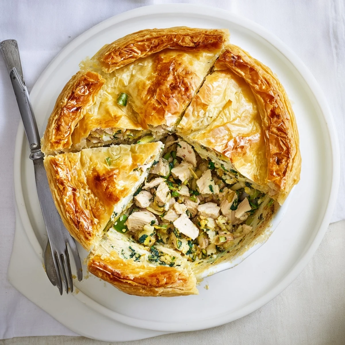 Whole rustic chicken ricotta and herb pie on wooden board with crisp edges