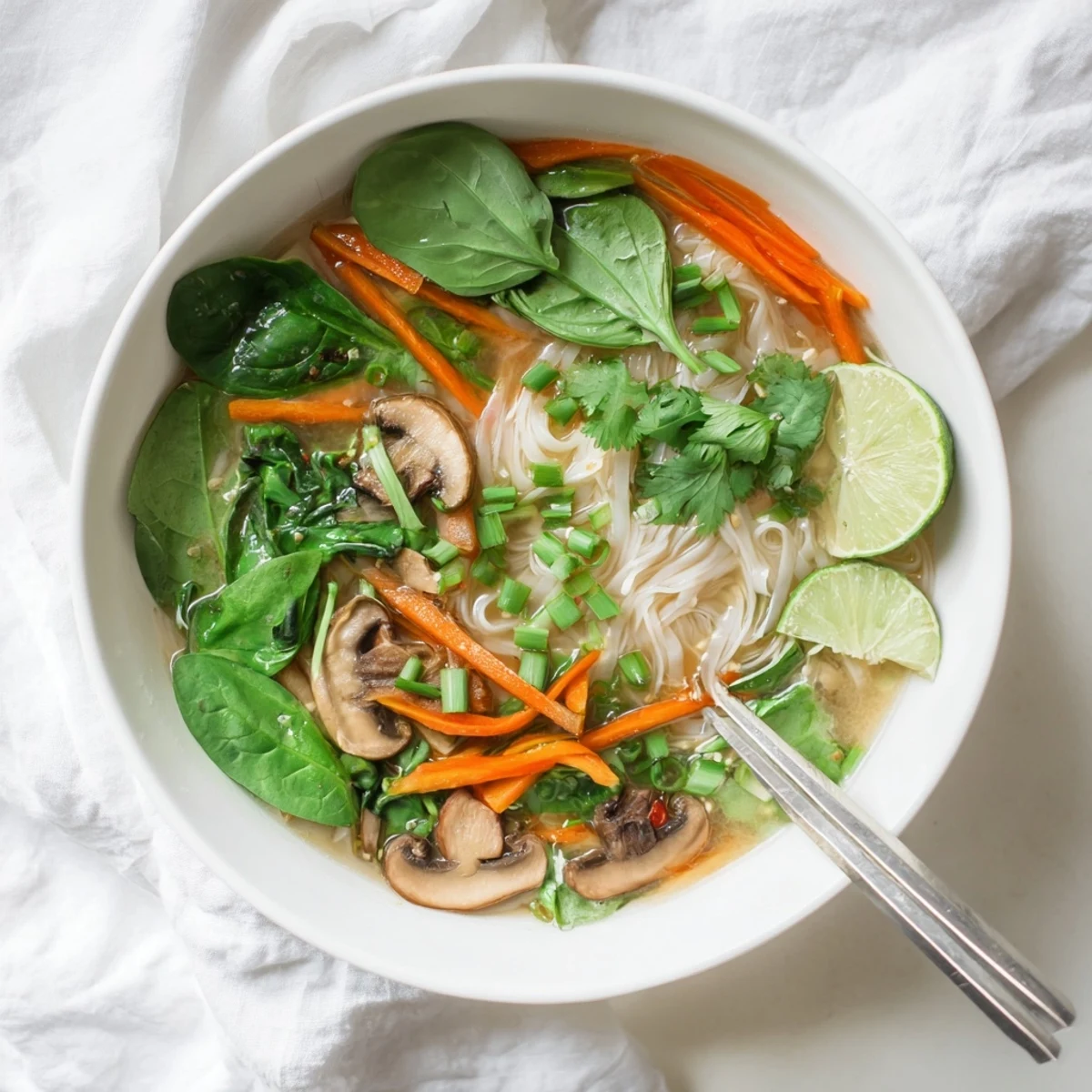 Aromatic vegan soup featuring tender rice noodles in savory ginger garlic broth topped with basil and spinach