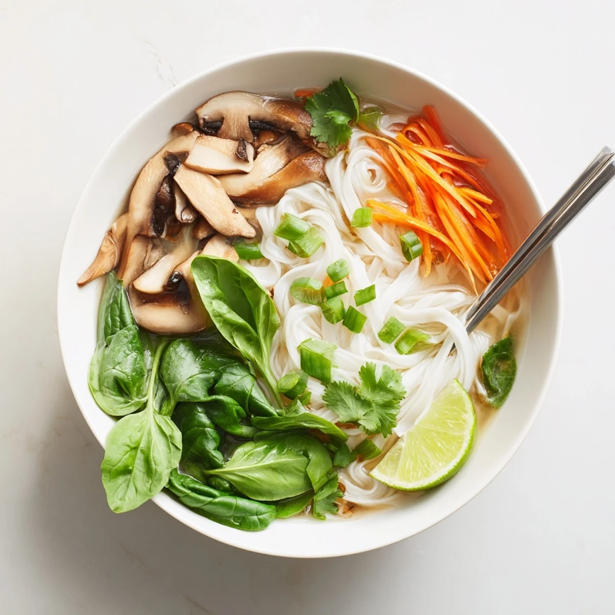 Steaming bowl of healing ginger garlic broth with rice noodles, fresh cilantro, and lime wedges on a wooden table