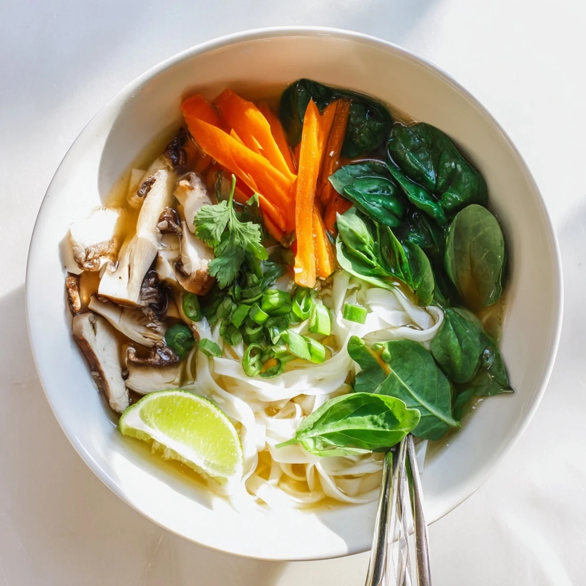 Comforting Asian-inspired noodle soup with shiitake mushrooms, carrots, and fragrant herbs in a golden broth
