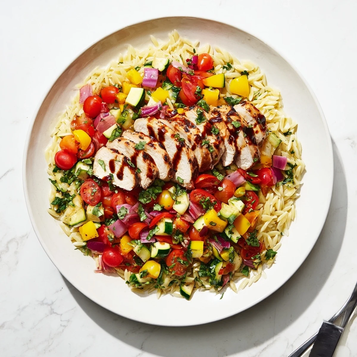 Golden balsamic chicken breast served atop colorful roasted vegetables and fluffy orzo pasta