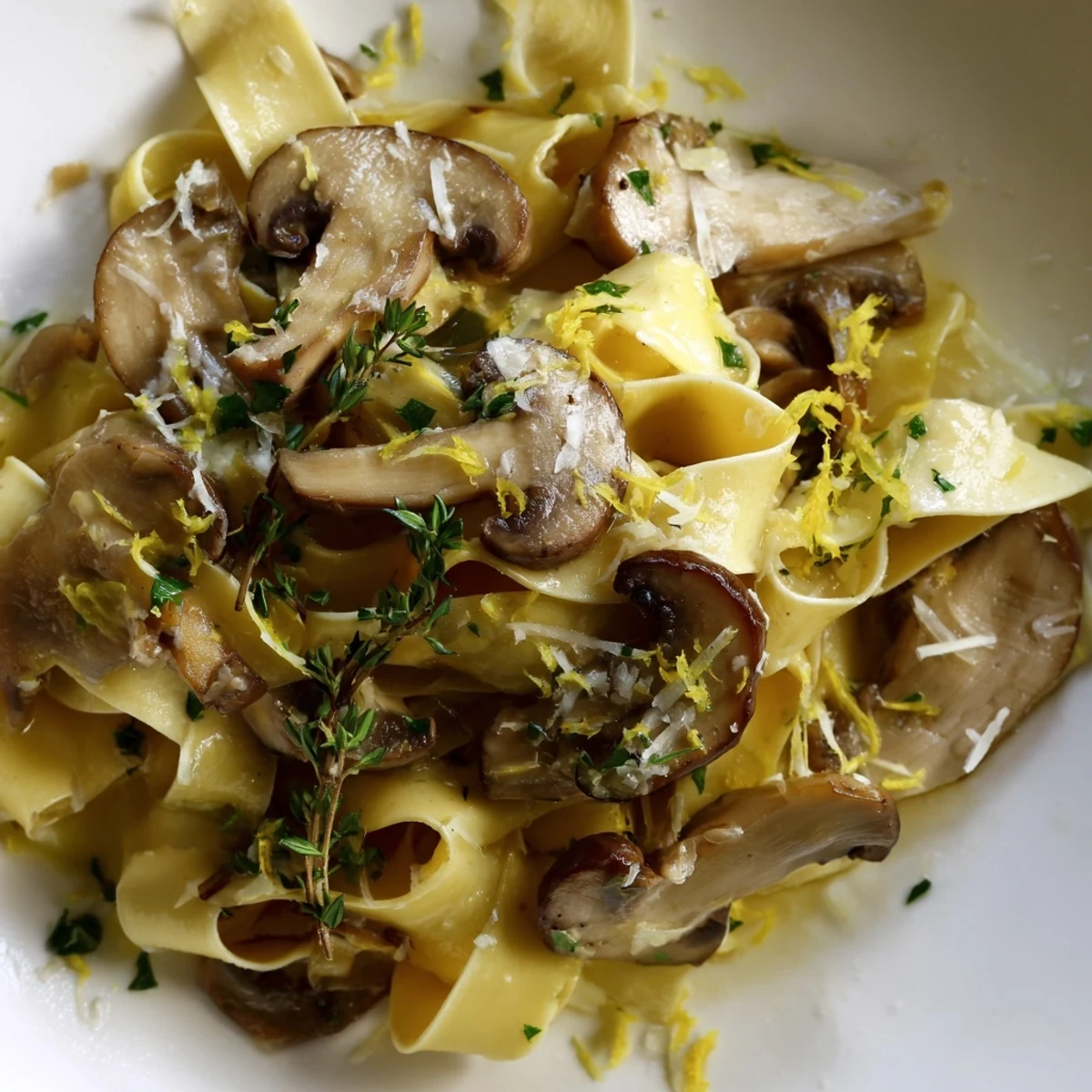 Golden pappardelle pasta tossed with garlicky butter mushrooms and fresh Parmesan cheese garnish