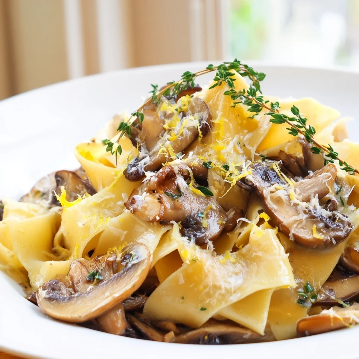 Wide ribbon pasta coated in rich garlic butter sauce with sautéed mushroom slices